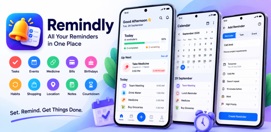 Remindly interface screenshot by Rahul Kumar